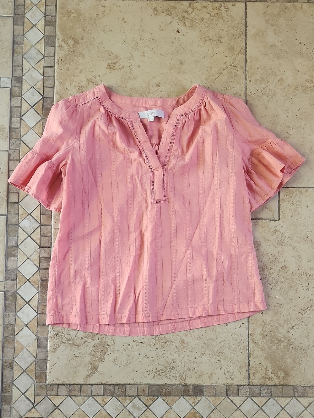 LOFT Peach-Pink Split V-Neck Short Sleeve Blouse